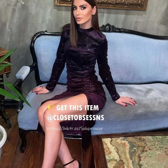 NWT ZARA Sparkly Purple Midi Long Sleeve Dress w Slit & Ruching keyhole back - Picture 8 of 17